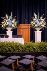 graduation pedestal floral arrangement with hydrangea and roses for ceremony décor