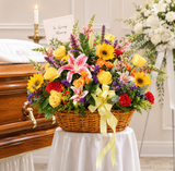 Funeral Basket Wicker Delux sympathy flower arrangement with fresh seasonal flowers for funeral and memorial services in Gilbertsville, PA