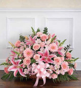 Funeral Basket Wicker sympathy flower arrangement with fresh seasonal flowers for funeral and memorial services in Gilbertsville, PA