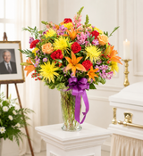 Floral vase arrangement for funeral service featuring fresh seasonal flowers and greenery, custom designed by Wendy's Flowers in Gilbertsville, PA.