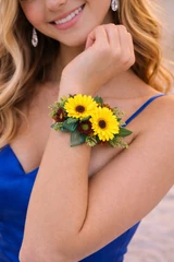 Mini chrysanthemum wrist corsage with fall color accents