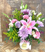 Candle flower arrangement with pink stargazer lily and fresh flowers – Gilbertsville PA florist