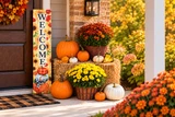 Cozy fall front porch display featuring a sunflower welcome sign, orange and white pumpkins, colorful gourds, hay bales, and blooming yellow and rust-colored mums.
