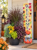 Autumn Welcome Porch Set with colorful fall combination planter and sunflower pumpkin Welcome porch leaner