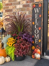 Fall porch décor set with lush autumn planter and sunflower pumpkin Welcome porch leaner.
