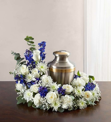Celebration of life wreath with fresh seasonal flowers available for local delivery in Gilbertsville, PA