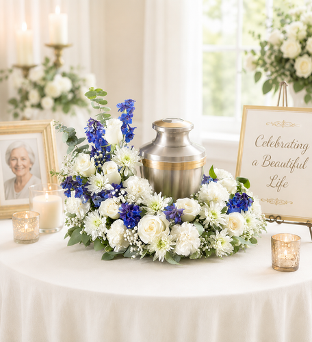 Memorial wreath designed to display a cremation urn at a celebration of life service in blue and white tall on one side.