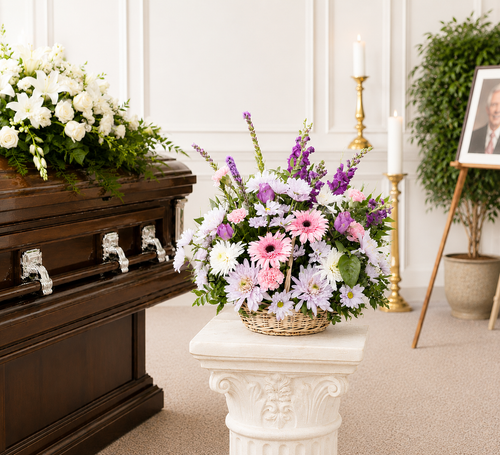 Funeral basket arrangement for memorial services and celebrations of life, available from Wendy's Flowers in Gilbertsville, PA.