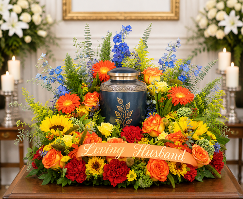 Sympathy urn arrangement with fresh seasonal flowers designed to display a cremation urn in Fall colors complimenting a masculine them if needed
