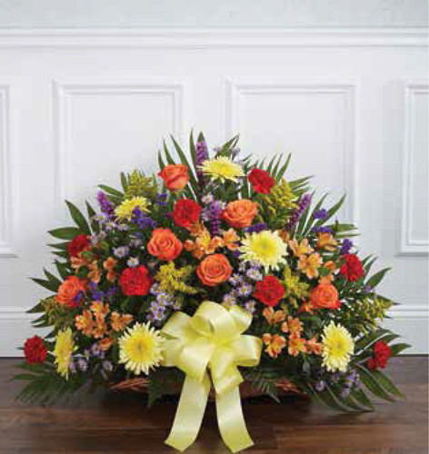 Funeral Basket Wicker Delux sympathy flower arrangement with fresh seasonal flowers for funeral and memorial services in Gilbertsville, PADeluxe wicker funeral basket with elegant sympathy flowers from Wendy's Flowers in Gilbertsville, PAHandcrafted wicker funeral basket with fresh flowers for memorial services and celebrations of life