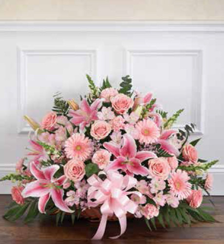 Funeral Basket Wicker sympathy flower arrangement with fresh seasonal flowers for funeral and memorial services in Gilbertsville, PA