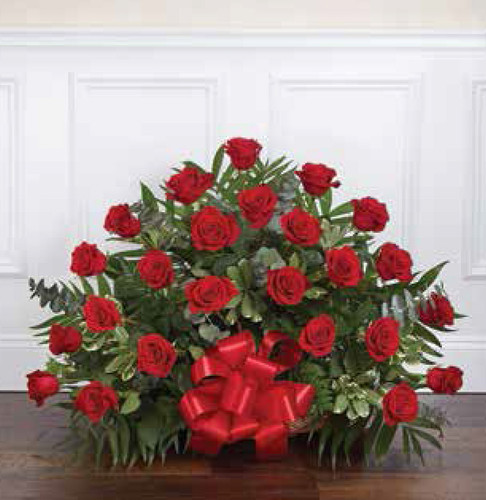 Beautiful funeral rose basket arrangement suitable for churches, funeral homes, and memorial services.