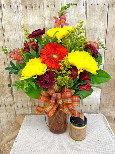 Harvest Hearth fall flower arrangement with candle
