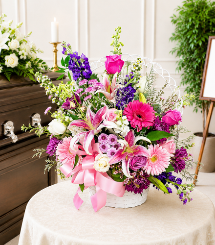 Deluxe funeral wicker basket arrangement displayed on a table at a funeral service featuring fresh seasonal flowers by Wendy's Flowers in Gilbertsville, PA.