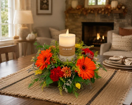 Fall floral centerpiece with LED candle and seasonal flowers