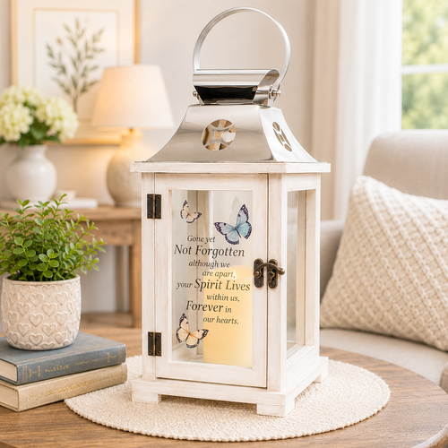 Memorial lantern displayed on a table in a home setting as a sympathy keepsake gift