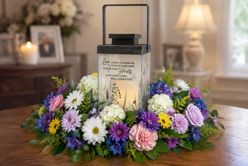 Beautiful memorial lantern surrounded by a fresh sympathy flower arrangement, designed as a thoughtful keepsake gift for funerals, memorial services, celebrations of life, or delivery to the family's home.