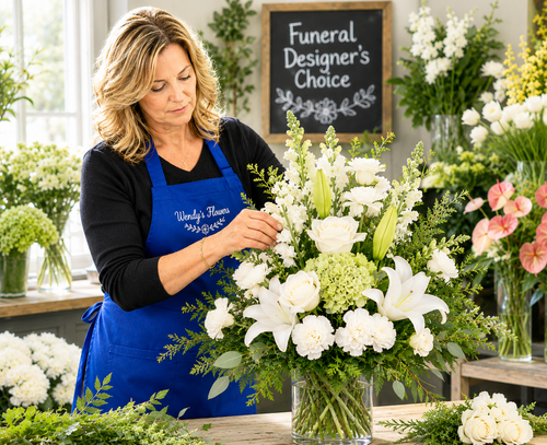 Designer Choice funeral vase arrangement created with fresh seasonal flowers for a funeral or memorial service.
