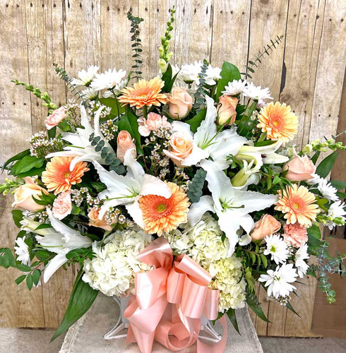 Sympathy flower basket soft pastel arrangement delivered to home Gilbertsville Boyertown Pottstown