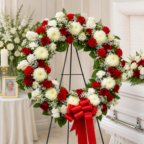 Beautiful red and white funeral wreath with roses, chrysanthemums, and baby's breath displayed beside a casket at a funeral service in Gilbertsville, PA