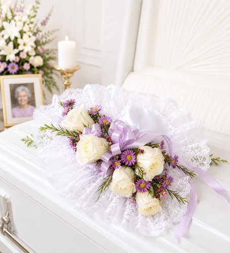 Elegant funeral pillow displayed inside an open casket with fresh flowers and ribbon accentsHeart, cross, and square funeral pillows available with custom color options in Gilbertsville, PA