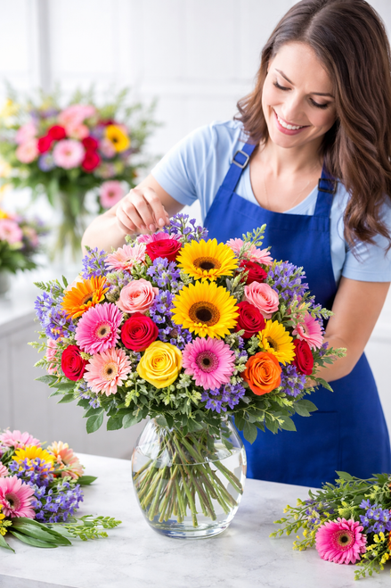 florist designing everyday flower arrangement with roses carnations and  seasonal in vase