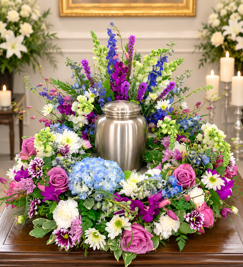 Memorial urn wreath with purple, blue, pink, and white flowers displayed at a funeral service