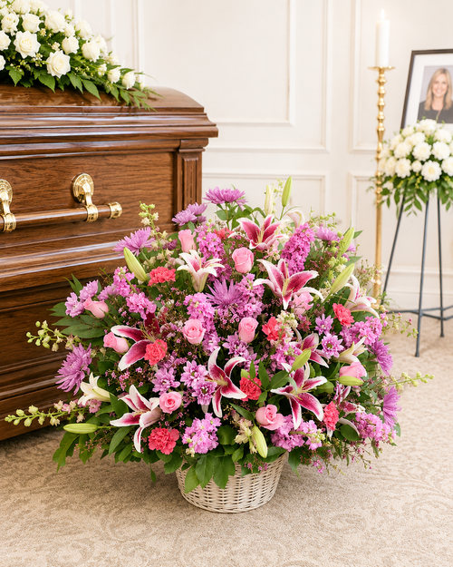 Specialty funeral basket featuring fresh seasonal flowers and greenery, custom designed by Wendy's Flowers in Gilbertsville, PA for funeral services, memorials, and celebrations of life.