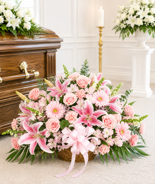 Funeral Basket Wicker premium sympathy flower arrangement with fresh seasonal flowers for funeral and memorial services in Gilbertsville, PA