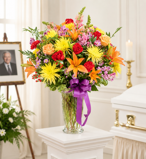 Floral vase arrangement for funeral service featuring fresh seasonal flowers and greenery, custom designed by Wendy's Flowers in Gilbertsville, PA.