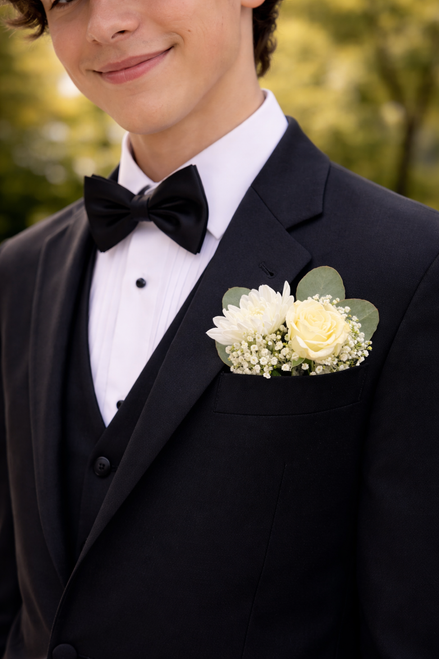 wedding pocket boutonniere with roses and greenery in suit pocket Gilbertsville PA