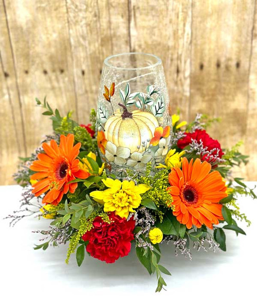 Pumpkin Crackle Glass Lighted Arrangement
