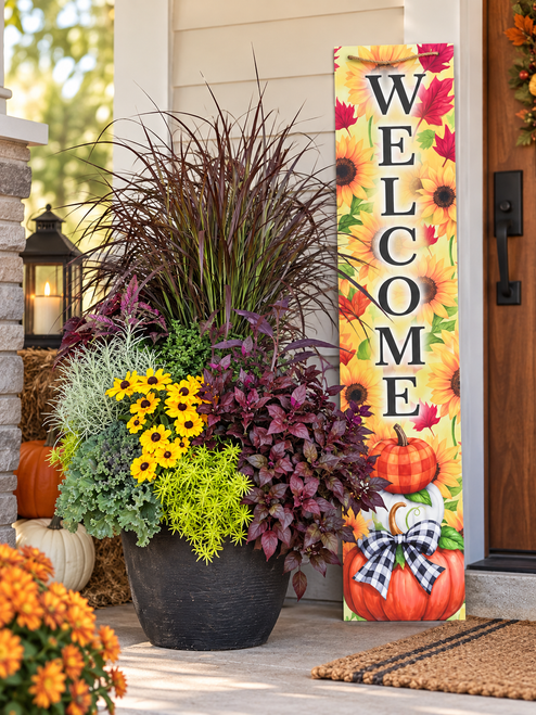 Autumn Welcome Porch Set with colorful fall combination planter and sunflower pumpkin Welcome porch leaner