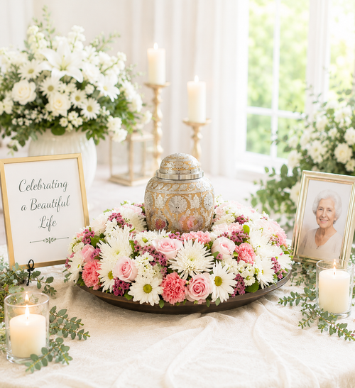 Celebration of life memorial wreath surrounding a cremation urn displayed on a memorial table