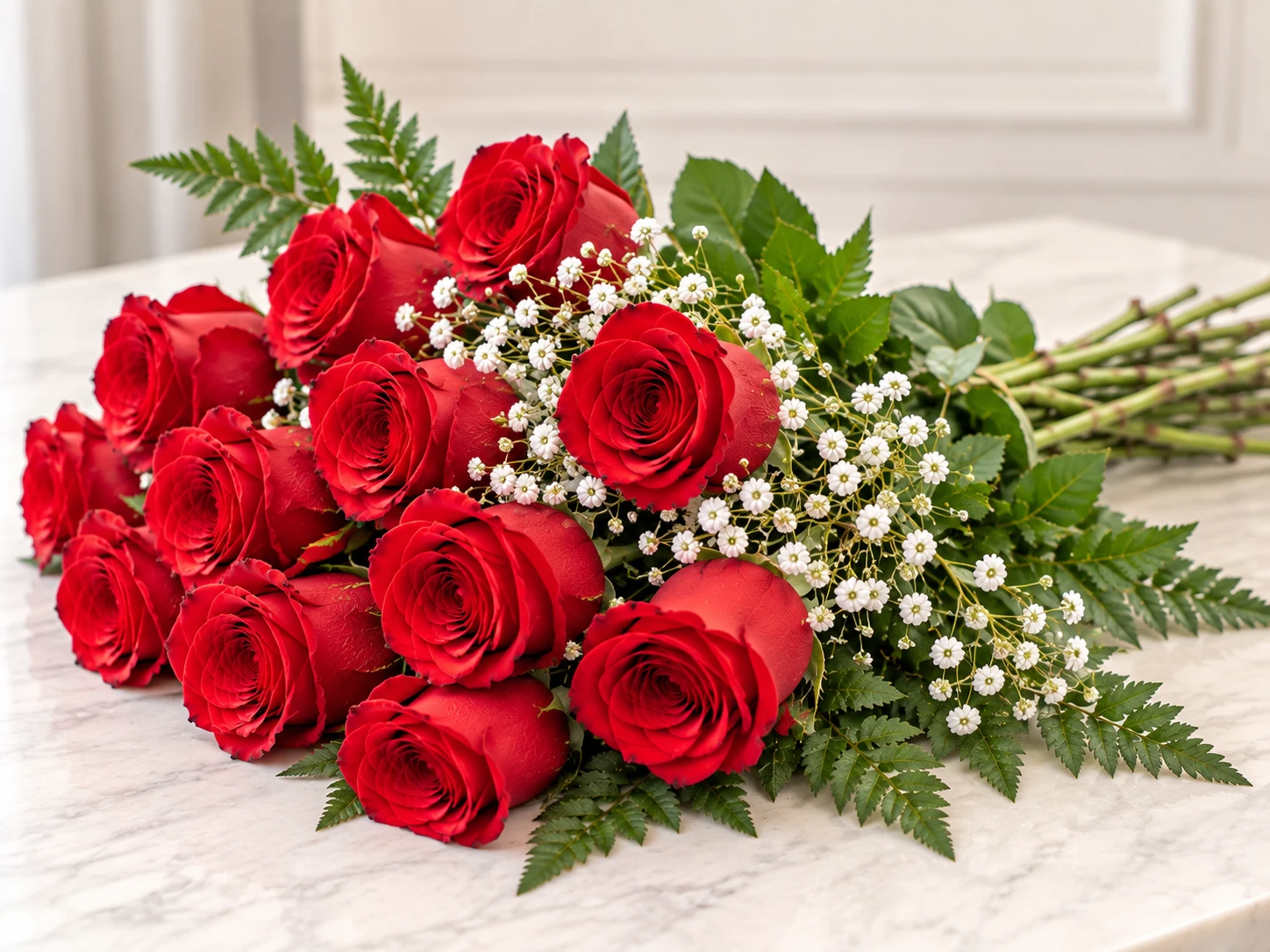 Dozen red rose fundraiser voucher with baby's breath and baker fern at Wendy's Flowers