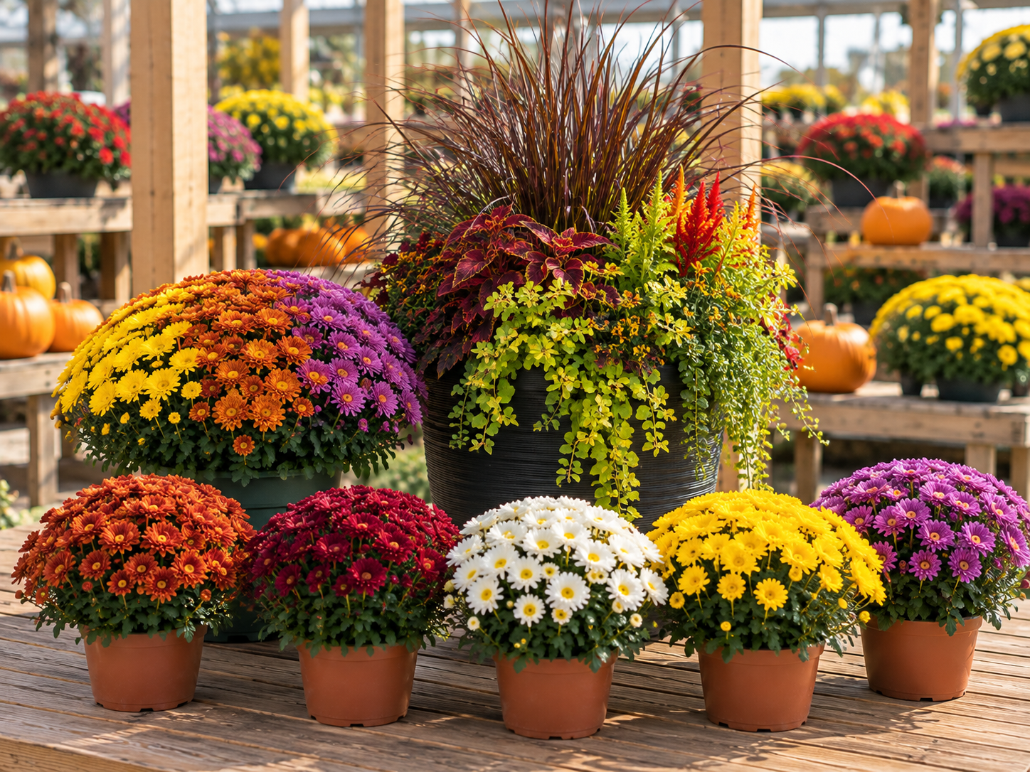Fall fundraiser featuring tri-color mum, assorted mums and mixed fall planter at Wendy's Flowers