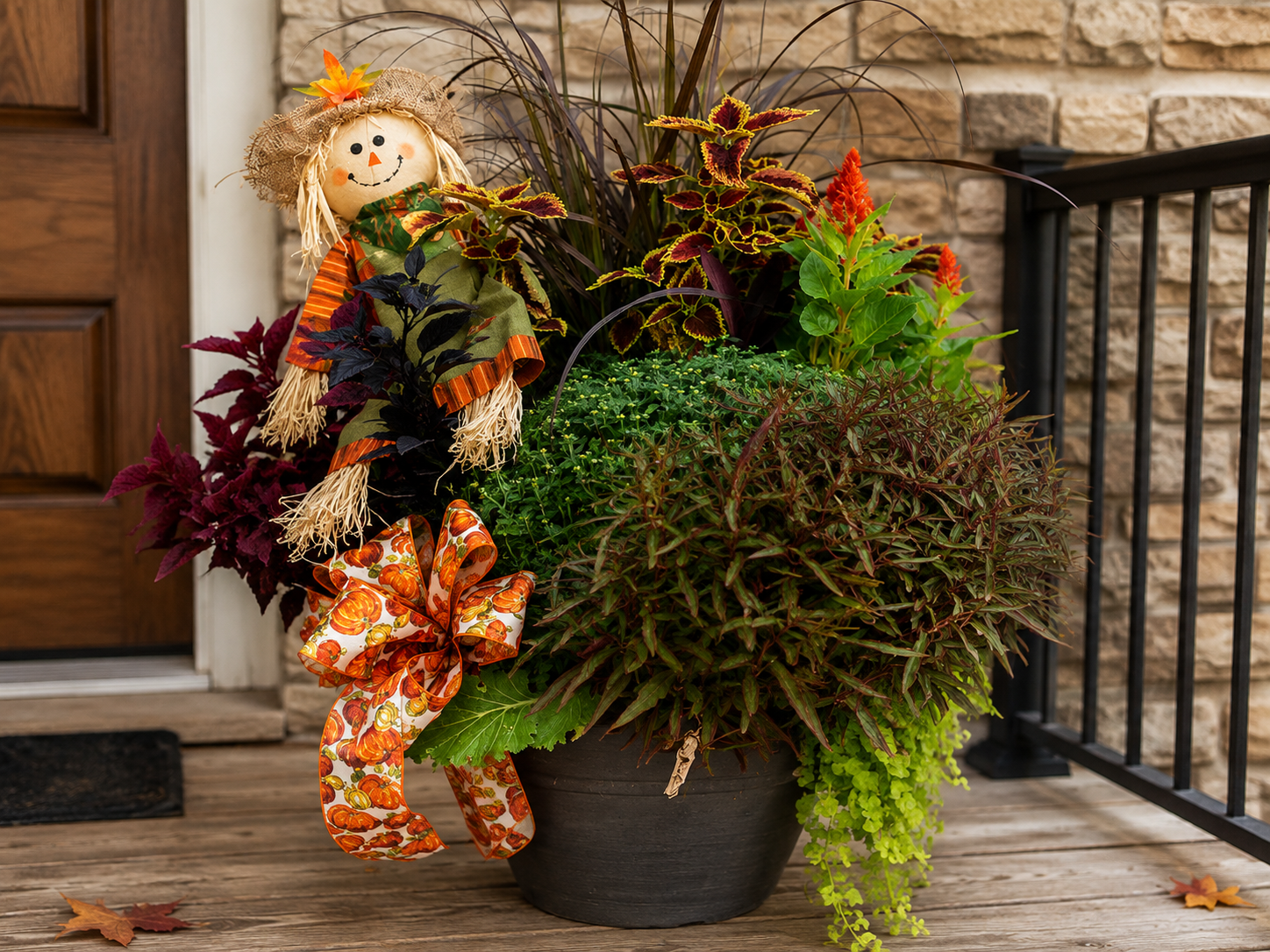 Mixed fall planter displayed on a porch at Wendy's Flowers