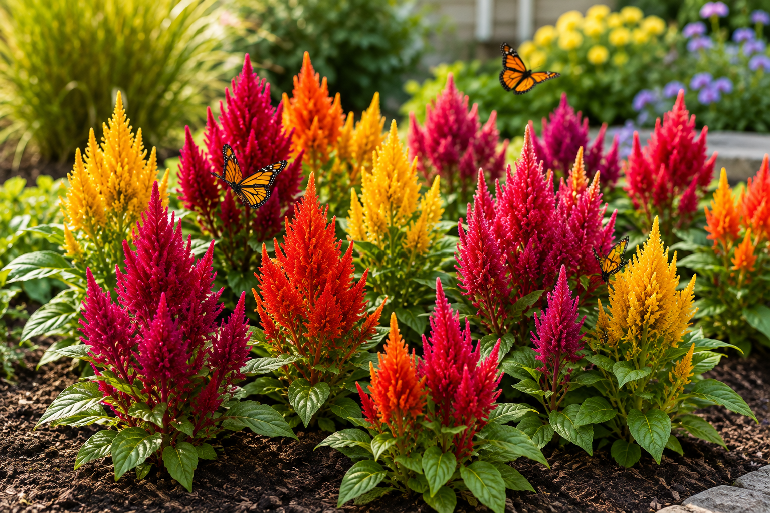 Colorful Celosia growing outdoors with butterflies