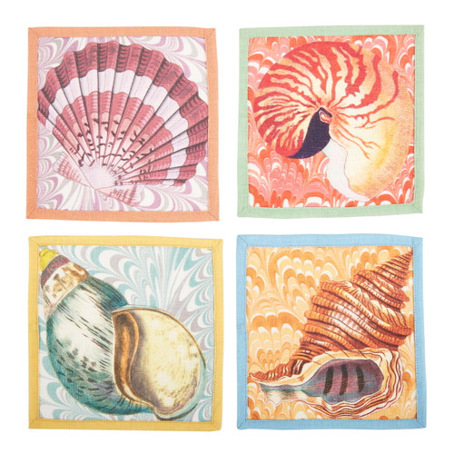 Palm Beach Cotton Cocktail Napkins Set of 4 – Coastal Sea Life & Marbled Print 6"x6"
