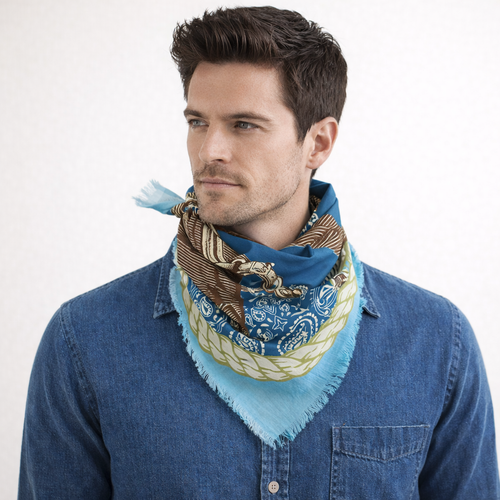 Western Horse Blue Cotton Bandana 20"x20" | Equestrian Neck Scarf