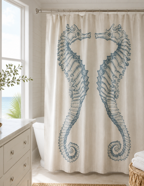 Seahorse Aqua Cotton Shower Curtain – 72" x 72"