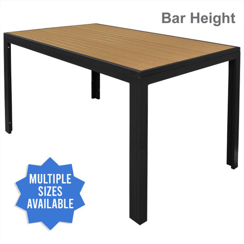 Atlantic Collection Outdoor Communal Table with Teak-Inspired Poly Slats and Black Frame in Bar Height East Coast Chair and Barstool - Multiple Sizes Available