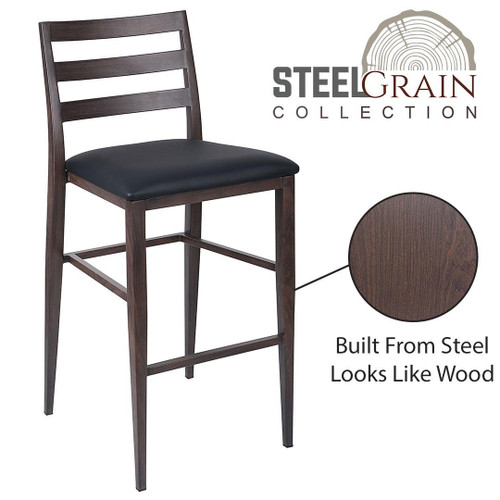 Steelgrain Ladderback Bar Stool with Walnut Wood Grain Frame and Black Vinyl Seat