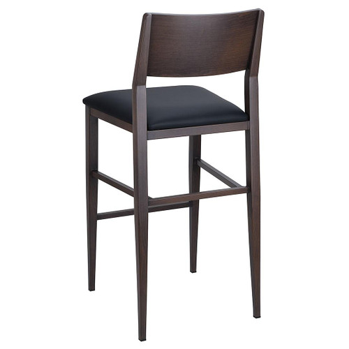 Steelgrain Panel Back Bar Stool with Walnut Wood Grain Frame and Black Vinyl Seat - Back View