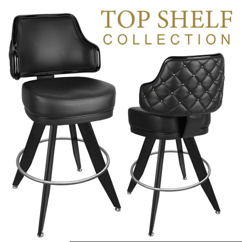 Top Shelf Gladiator 1075 Quilted Button Back Black Bucket Bar Stool on Black Angled Frame