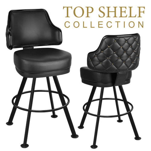 Top Shelf Gladiator 1075 Quilted Button Back Black Bucket Bar Stool on Black 920 Round Frame