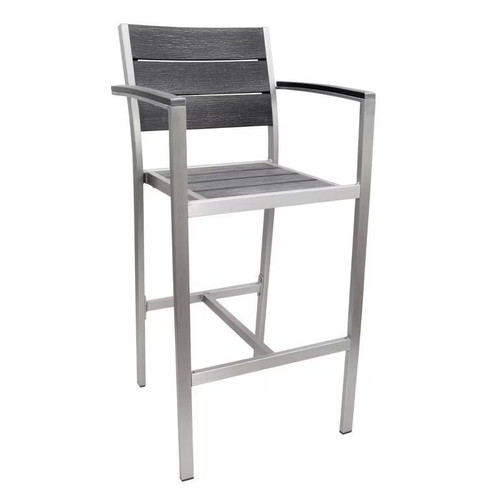 Caribbean Collection Silver Frame Arm Bar Stool with Pewter Teak Wood Slats