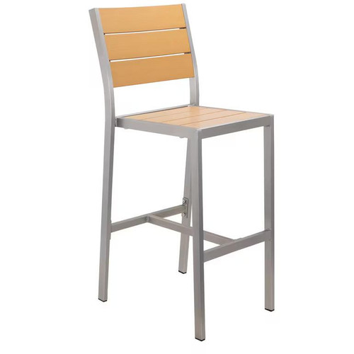 Caribbean Collection Silver Frame Side Bar Stool with Tan Teak Wood Slats