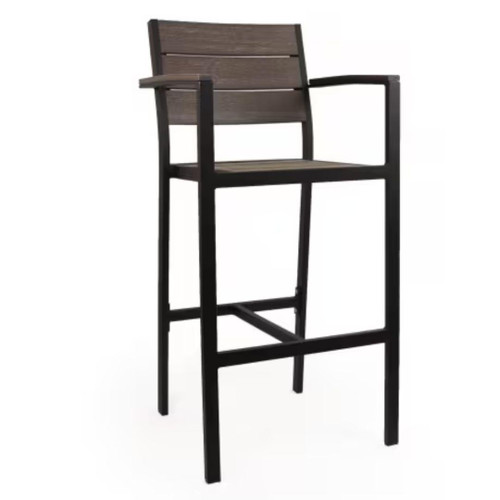 Caribbean Collection Black Frame Arm Bar Stool with Brown Teak Wood Slats