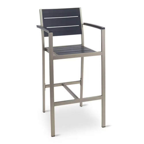 Caribbean Collection Silver Frame Arm Bar Stool with Black Teak Wood Slats